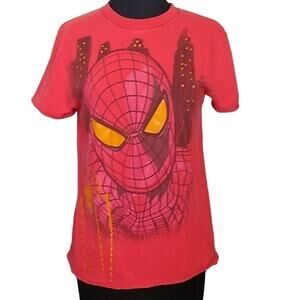 Marvel Spiderman SZ Juniors XL Red T Shirt Face City Background Spiderweb Comic